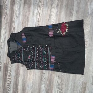 Koroshi Women's Mini Dress Cotton Embroidered Sleeveless Front Pockets Black SzL